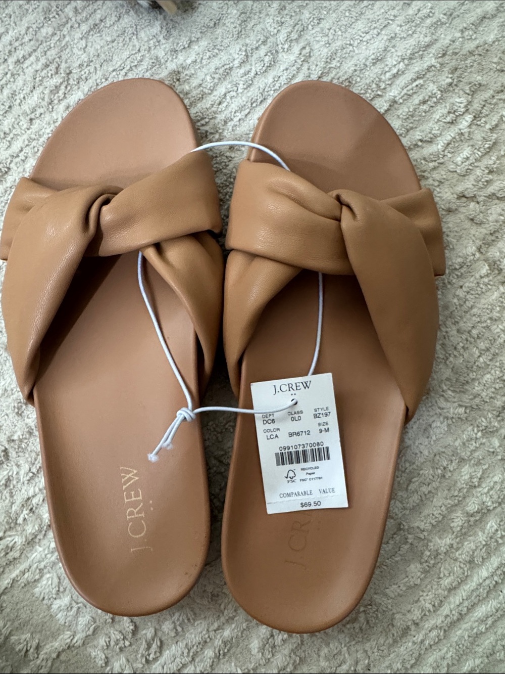 J. Crew Cognac Leather Knotted Slide Sandals